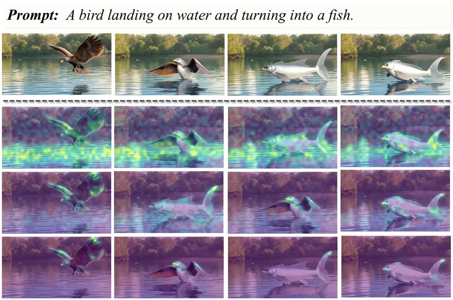 Bird landing on water and turning into a fish.