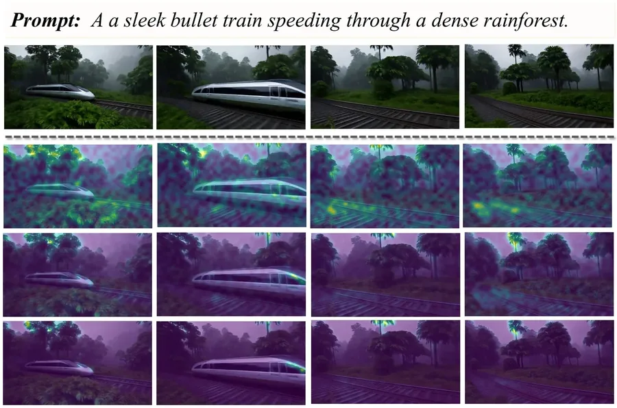 Bullet train speeding through a rainforest.